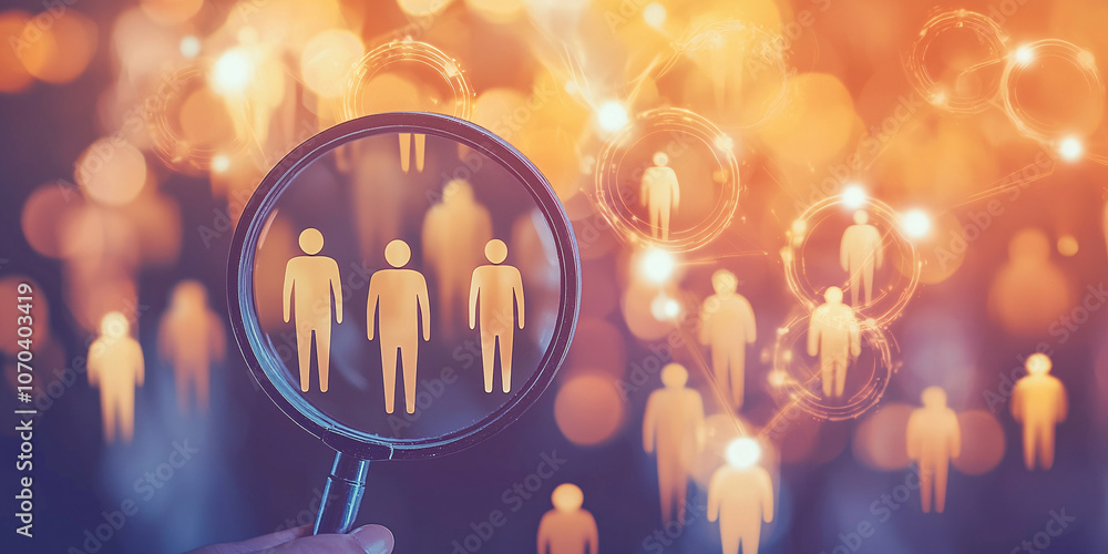 Poster close up of magnifying glass focusing on silhouettes of people, symbolizing search and connection in