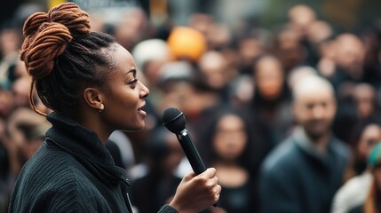 Woman speaking to crowd with microphone, focus on speaker