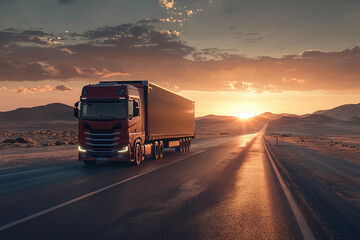 Red truck on open road during sunset in desert landscape