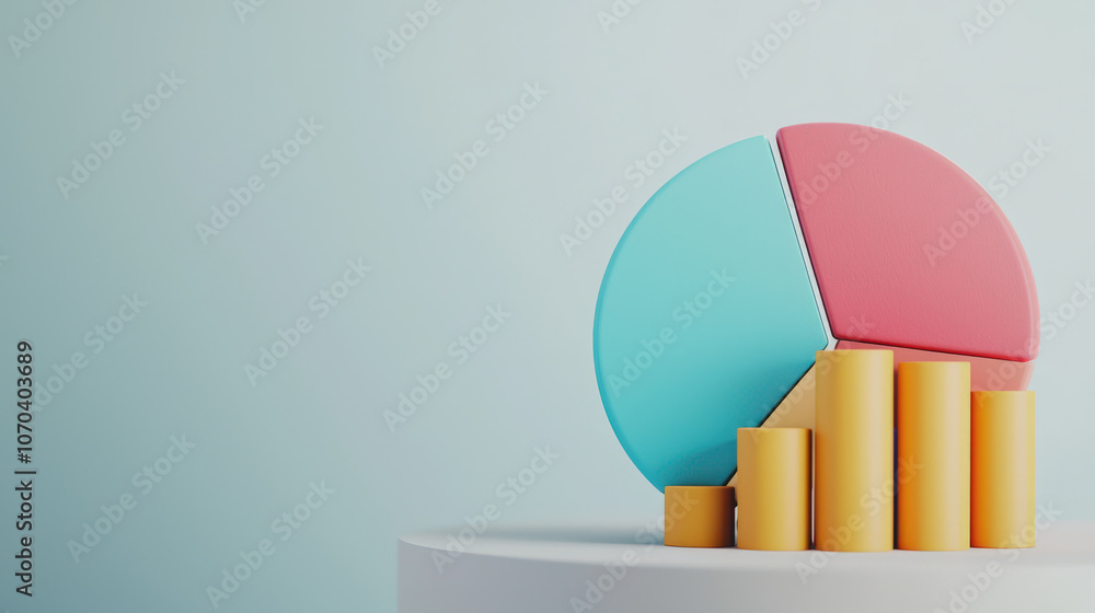Poster close up of financial data with colorful bar graph and pie chart, showcasing growth and analysis in 