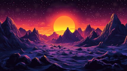 A vibrant sunset over a mountain range with a starry sky.