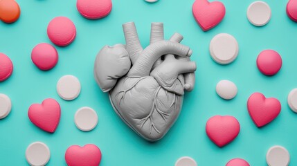 Grayscale heart image surrounded by a collection of colored warning icons symbolizing the various risks and symptoms associated with heart disease  The design highlights the importance of awareness