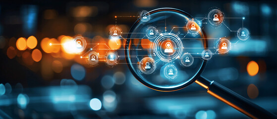 Fototapeta premium focused shot with magnifying glass highlighting digital connections and user icons, symbolizing search and analysis in technology