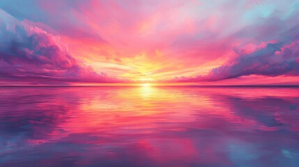 Fototapeta premium A vibrant, colorful sunset over a calm sea, reflecting the fiery sky in its mirror-like surface.