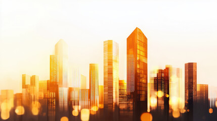Fototapeta premium Futuristic cityscape with towering skyscrapers glowing in warm light, creating vibrant and dynamic atmosphere
