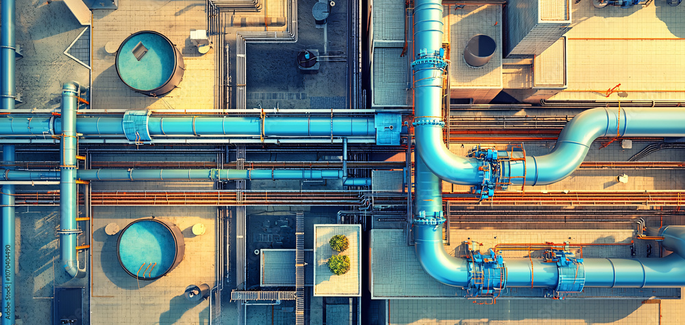 Poster clear aerial view of sophisticated water piping system, showcasing intricate connections and structu