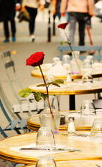 Urban scene in Paris, France. Parisian everyday life. Romantic cafe terrace tables with roses in vases on sidewalk. Unrecognizable blurry people walking at background. 