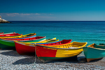 Naklejka premium Colorful fishing boats lined up on a pebble beach with turquoise water.