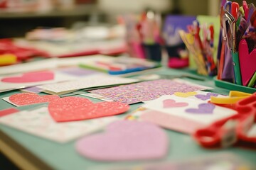 Fototapeta premium Valentine’s Day crafts with hearts and colorful decorations.