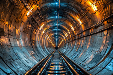Vibrant tunnel with illuminated tracks at night