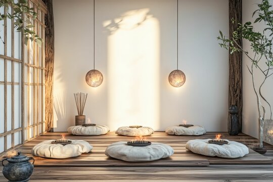Zen meditation room with cushions and lanterns.