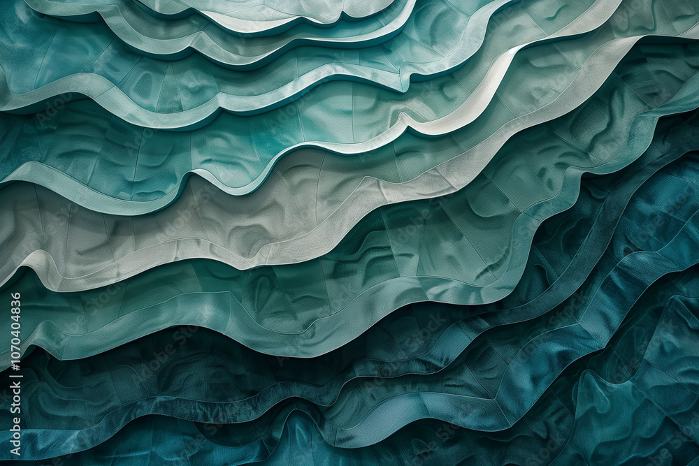 Poster abstract background wallpaper with Layered, organic shapes with a smooth gradient from light aqua to deep teal, creating a tranquil underwater effect.