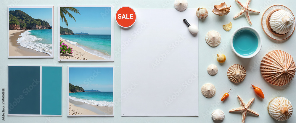 Poster a blue background with a variety of starfish and shells. the shells are scattered around the starfis