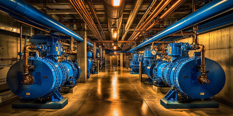 Obraz premium Large industrial boiler room with blue machinery and pipes, showcasing complex network of equipment and infrastructure. space is well lit, emphasizing metallic surfaces and organized layout