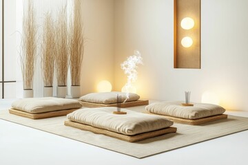 Minimalist zen room with cushions, incense, and lights.