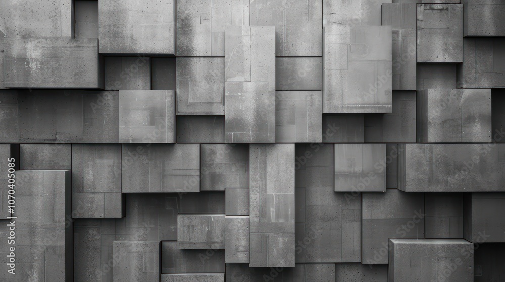 Poster walls made of gray blocks arranged in a grid pattern, with some of them overlapping slightly.