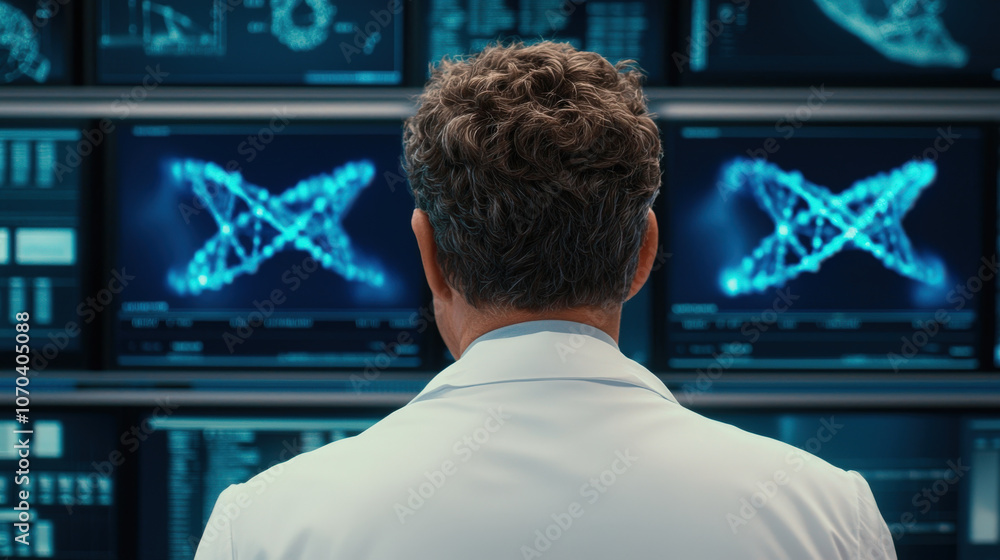Poster scientist in white coat observes complex data on multiple screens, showcasing advanced research and 