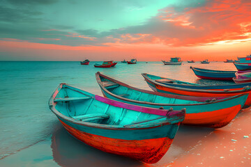 Fototapeta premium Colorful fishing boats on a sandy beach at sunset.