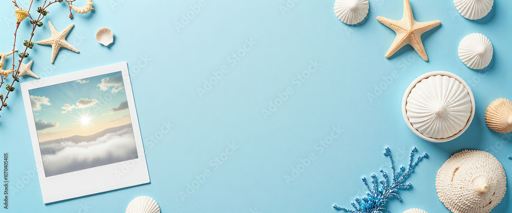 Poster a blue background with a variety of starfish and shells. the shells are scattered around the starfis