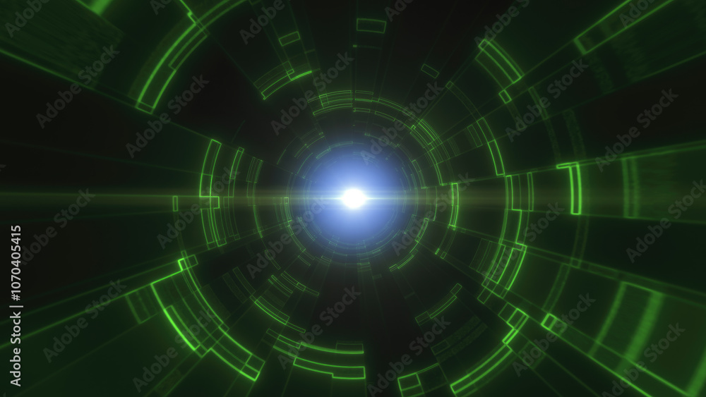 Poster a futuristic, green digital tunnel with concentric circular patterns and glowing lines technology an