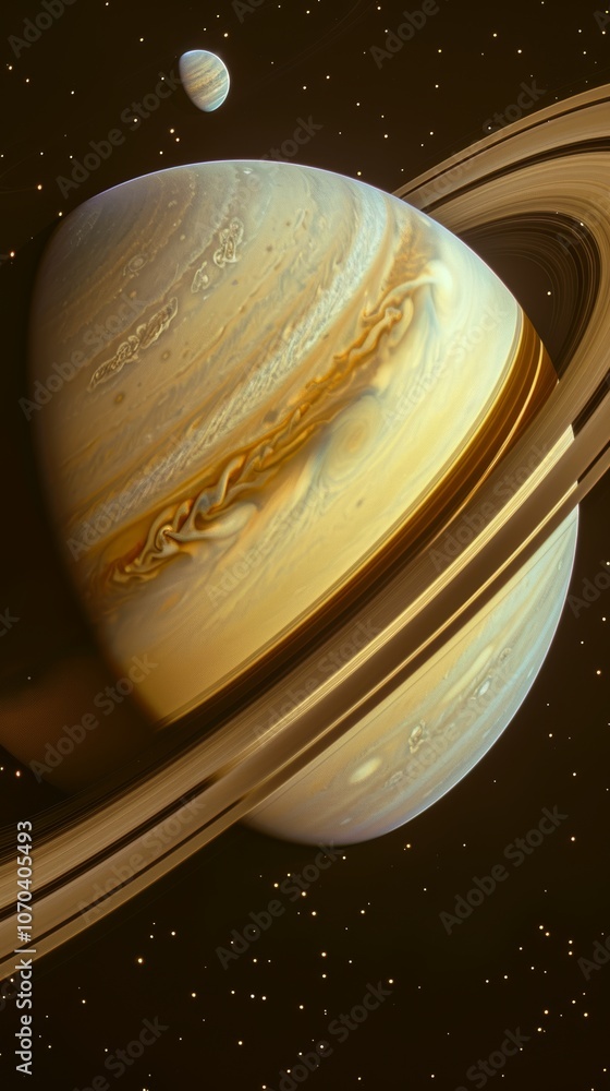 Poster a close-up view of saturn showcasing its stunning rings and cloud patterns against a backdrop of spa