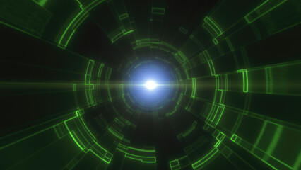 A futuristic, green digital tunnel with concentric circular patterns and glowing lines technology and data flow background