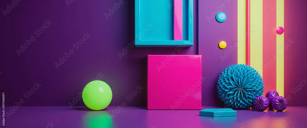 Poster a room with neon lights and three boxes. the boxes are in different colors and are arranged in a way
