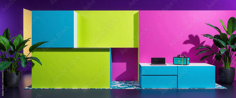 Poster a room with neon lights and three boxes. the boxes are in different colors and are arranged in a way