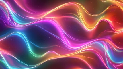 Obraz premium Abstract colorful neon glowing lines and waves on dark background.