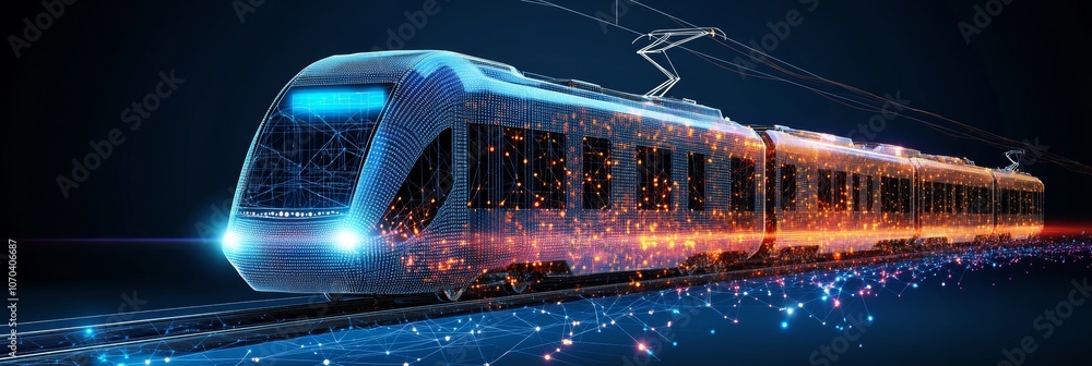 Poster futuristic electric train with glowing lines representing big data and advanced technology.