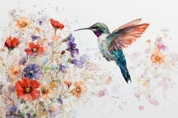Watercolor painting of hummingbird and flowers.