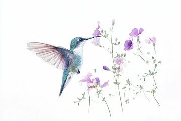 Hummingbird hovers near purple flowers.