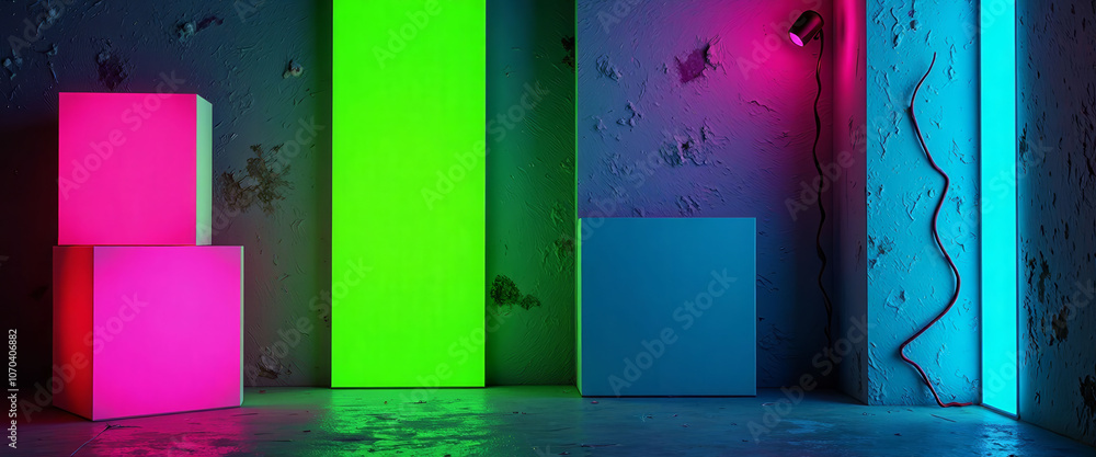 Poster a room with neon lights and three boxes. the boxes are in different colors and are arranged in a way