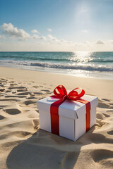 New Year's gift in a white box on the sand against the backdrop of the ocean on a sunny day in the tropics