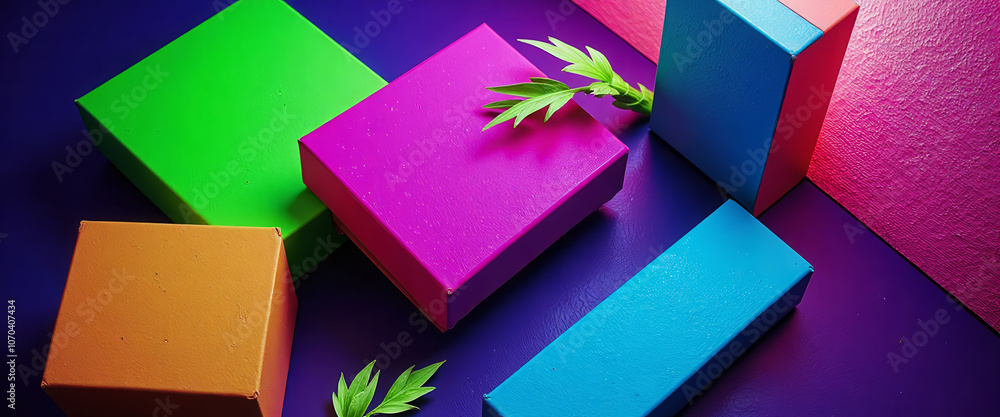 Poster a room with neon lights and three boxes. the boxes are in different colors and are arranged in a way
