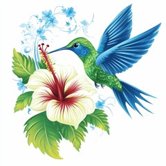 Obraz premium A hummingbird flies by a white hibiscus.