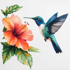 A hummingbird hovering near a pink hibiscus.