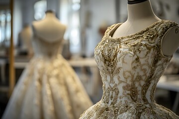 Obraz premium Beautiful woman wedding dress. It is use for wedding ceremony, worn by a bride. 