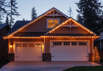 An inviting and visually appealing front view of the exterior of my home, featuring twinkling Christmas lights on its roofline and in the front yard, illuminating it with warm white light.  (27)