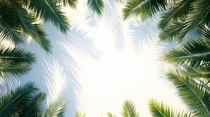 Palm tree leaves frame a clear sky.