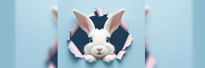 Obraz premium A white bunny with blue eyes peeks through a torn pink paper hole against a blue background. Copy space Easter greeting card