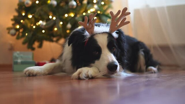 Happy Merry Christmas. Funny cute puppy dog border collie wearing Christmas costume deer horns near Christmas tree at home indoors. Pet dog with Christmas decorations. Preparation for holidays