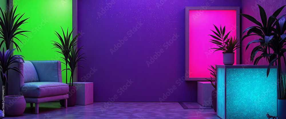 Poster a room with neon lights and three boxes. the boxes are in different colors and are arranged in a way