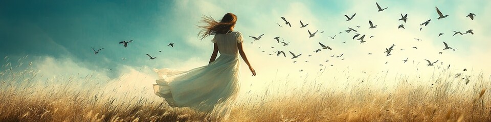 Girl in white dress in field with flying birds at sunset