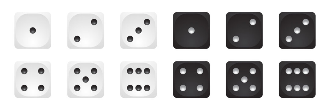 White and black 3d dice icon vector set. Six faces of game die from one to six on white background. Front cube sides with dots 1,2,3,4,5,6. Realistic gambling objects to play in casino, backgammon.