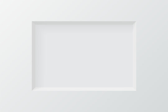 3d wall niche. Empty white rectangle shelf. Rectangular horizontal inside frame. Display stand, showcase mockup. Showroom, gallery, studio or shop product presentation. Realistic vector illustration.