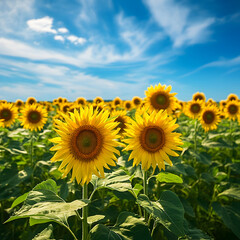 Fototapeta premium A vibrant field of sunflowers in full bloom under a bright blue sky with fluffy white clouds