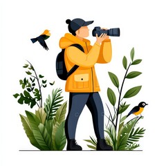 Person Birdwatching in a Cartoon Style Illustration