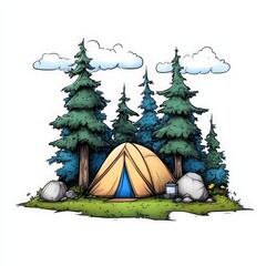 Cartoon Illustration of Camping Scene in Nature