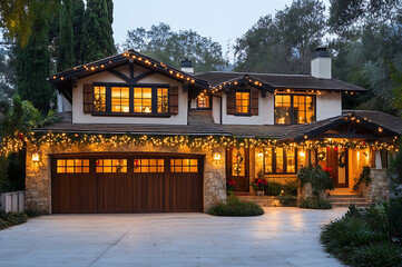 An inviting and visually appealing front view of the exterior of my home, featuring twinkling Christmas lights on its roofline and in the front yard, illuminating it with warm white light.  (27)